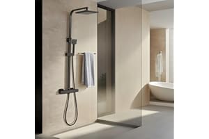 Columna de Ducha Termostática STANEW, Conjunto de Ducha, Cuarto de Baño, Columna de Ducha, Termostato con Mezclador Ajustable en Altura Sistema de Ducha (Negro)