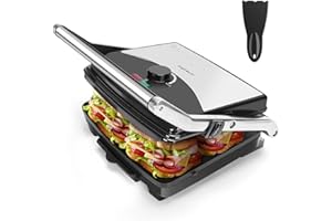 Aigostar Grill viande et Panini Multifonction, 2000W, Appareil panini avec Plaques Antiadhésives, Adaptable en Hauteur, Surface 29 x 23 cm, Bac à Graisse Amovible, Rangement Vertical, Spatule