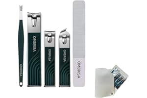 OMBRISA Nail Clippers Set 5 Pcs, Wide Jaw Toenail Clippers and Angled Head Fingernail Clippers, Premium Stainless Strong Nail Cleaner for Thick Nails Nail Cutter with Leather Case (Green)