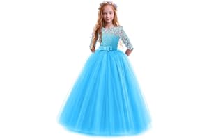 IBTOM CASTLE Fille Robe de Mariage Longue Robe de Demoiselle d'Honneur Multi-couches Tutu Princesse en Dentelle Florale Costume Habillée de Cérémonie Baptême Fête Anniversaire Soirée Cocktail pour Enfants 3-12 Ans