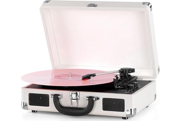 Tocadiscos de Vinilo, Mersoco Tocadiscos Bluetooth inalámbrico con 3 velocidades, gramófono portátil Retro con Altavoces Integrados, Salida RCA y Entrada AUX，Blanco