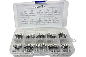 KOLACEN Quick Fast-blow Glass Tube Fuse 5 x 20 mm Assorted Kit 0.5Amp 1Amp 2Amp 3Amp 4Amp 5Amp 6Amp 8Amp 10Amp 15Amp (Pack of 100)
