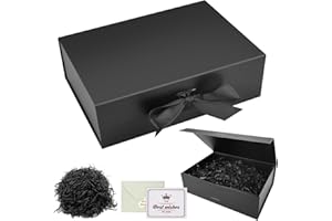 TANGHSE Black Gift Box with Lids, Magnetic Gift Box Luxury Present Box with Cards Envelopes Confetti Presentation Box Flat Pack Gift Boxes for Birthday Wedding, 22 * 16.5 * 8.8 cm