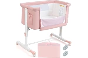 COSTWAY Culla Neonato Fianco Letto 3 in 1, Lettino Dondolo Neonati con Materasso, Culla da Campeggio con Ruote e Borsa, Regolabile In Altezza, Inclinazione di 10°, per Bambini 0-6 Mesi (Rosa)