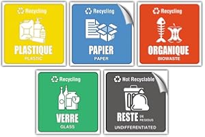 EVM 5 Étiquettes 8 x 8 cm Autocollant en PVC Stickers poubelle - Stickers de Recyclage souple Imperméable Lavable pour la Gestion des sélectif déchets Stickers