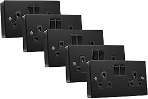 SHPELEC® Matt Black Metal Switch and Socket Range with Surface Mount Back Box – Sleek, Durable, and Easy to Install (2 Gang Socket + Back Box (5 Pack), Screwed Version)