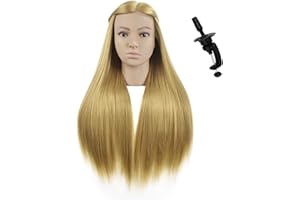 MIAOMANZI Testa professionale per parrucchiere, manichino per allenamento da parrucchiere, con capelli sintetici da 70 cm, testa di manichino con morsetto da tavolo incluso