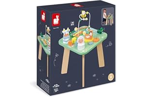 Janod - Table d'Activités en Bois Jolie Prairie - 7 Activités Premier Âge - Table Multijeux - Développement Motricité Fine et Éveil Musical - Peinture à l'Eau - Dès 12 mois, J05327