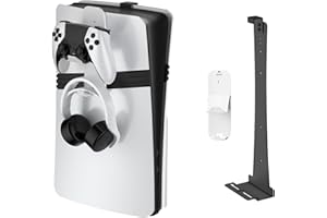 EJGAME Steel Wall Mount Bracket Compatible with PS5 Pro/Slim/PS5, Stable Metal Wall Hanging Stand for PS-5 with Controller Holder & Headphone Hanger,Black