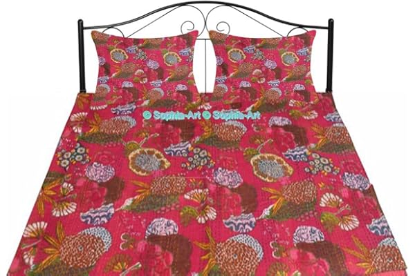 Sophia-Art Dubbel/king size, vändbart dekorativt sängöverkast i ren bomull, gudri-mönster, täcke, kantha-stil, tryck med indisk frukt, blommigt, mörkrosa, med kuddfodral, 152 x 228 cm (60 x 90 tum)