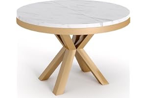 WFL GROUP Runder Ausziehbarer Esstisch - Weiß Tisch im Loft-Stil Golden mit Metallbeinen - Industrieller Tisch für Wohnzimmer - Spacesaver - Golden - Weisser Marmor - 120 cm