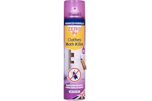 Zero In Clothes Moths Killer Spray- Fast-Acting Insecticide with Prallethrin & 1R Trans Phenothrin - Kills Moths on Contact - For Wardrobes, Textiles & Clothes - Long-Lasting Moth Spray, 300ml Aerosol