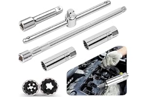 TAPKUA 16mm 14mm Juego de Llaves de Bujías 5pzs, 3/8" Enchufe de Bujía con Barra 25cm + 7,6cm, Mango en T Giratorio 360° | Universal de Doce Cantos Manguito de Bujías