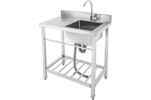 OUKANING rostfritt stål tvättställ utomhus 80 x 55 x 84 cm diskbänk i rostfritt stål fristående med 360° kran, stänksäker, fu