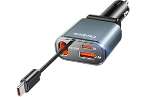 COOLPOW 3 en 1 Rétractable Chargeur Voiture【Ultra- Mini】Chargeur Allume Cigare Voiture USB C【Câble Type-C Rétractable】Charge Rapide Chargeur Voiture avec USB-C/A Adapter Allume Cigare pour iPhone Galaxy iPad