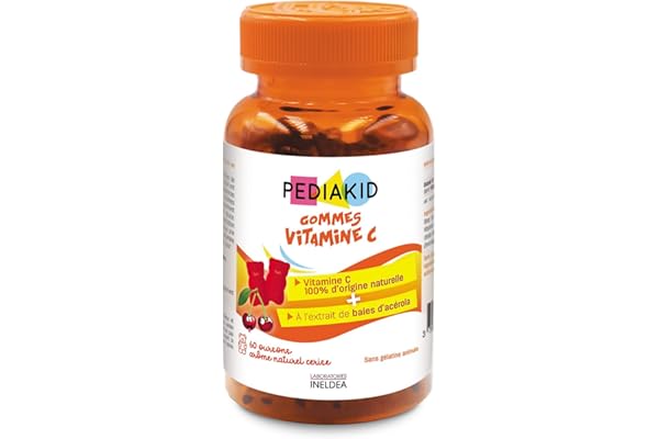 PEDIAKID - Gommes Vitamine C - Formule Naturelle au Délicieux Arôme de Cerise - Contribue à Réduire la Fatigue - Soutient le Métabolisme Énergétique et les Défenses de l'Organisme - 60 gommes