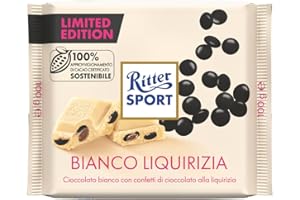 RITTER SPORT Bianco Liquirizia, Tavoletta di Cioccolato Bianco e Confetti di Cioccolato alla Liquirizia, Cacao 100% Certificato Sostenibile, 100g