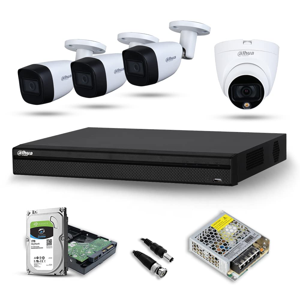 DAHUA Full Color Night Vision HD CCTV Security Camera with Installation Combo Set 2MP, Dome(Indoor)1Pcs, Bullet (Outdoor) 3Pcs 4 Channel DVR, 1TB Surveillance HDD , for Home and Offices (3BULLET1DOME)