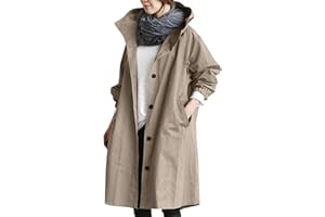 RUITOTP Veste de pluie légère et longue pour femme Trench à boutons de couleur unie avec capuche Coupe-vent à coupe ample Imperméable décontracté avec poches Grandes tailles S à S-5XL