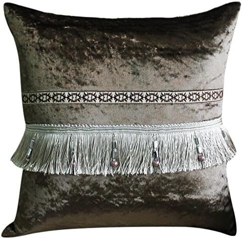 MRSMR Soft Warm Velvet Pillow Square Waist Throw Cushion Cover Case Tassel Sofa Home Decoration Pillow Case 18" x 18", 45cm x 45cm (Dark Brown)