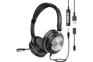 Voistek USB Headset mit Mikrofon für Laptop PC, Typ C-USB-3,5mm Jack, Wired On-Ear Kopfhörer mit Geräuschunterdrückung und Lautstärkeregler für Callcenter, Skype, Zoom, Home Office, Online-Kurse