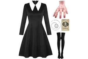 Mrsclaus Halloween Kostüm Set für addams Family mit Thing Hand Kniestrümpfe Schwarz Kleid Damen Fasching Karneval Cosplay Party C011