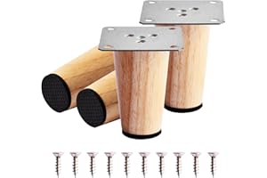 BHOULANDI 4 Pieces 8CM Wooden Furniture Legs, Straight Solid Tapered Wood Sofa Legs with Mounting Plate Screws and Anti-Slip Mats, Replacement Cabinet Furniture Feet for Couch Table Chair Dresser Bed Legs