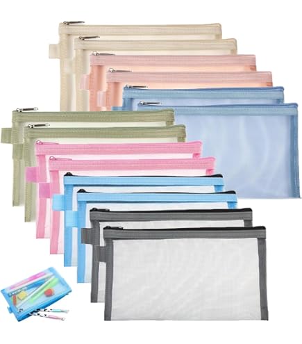 4 Astucci Retina Porta Matite Trasparenti In Nylon Con Cerniera - Set Organizer Cancelleria E Trucchi - 20x12 Cm - Colori: Nero, Bianco, Grigio E Blu