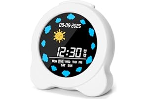 YISSVIC Despertador Infantil 2 Alarmas Brillo Ajustables 3 Volumenes 6 Músicas, Reloj Despertador Digital Función de Repetición Entrenamiento del Sueño para Niños