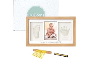 HuBorns – Marco huellas bebé recién nacido con arcilla, kit completo para huella pie y mano, cuadro recuerdo original, regalo bebé niño o niña y decoración habitación infantil