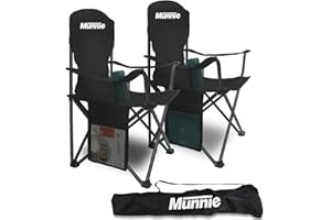Munnie Set of 2 Folding Camping Chairs | Lightweight Heavy Duty Outdoor Chair | With Armrests, Cup Holder and Side Pocket | Extra-Wide 120kg Capacity per Chair | Included with Carry Bag – Black