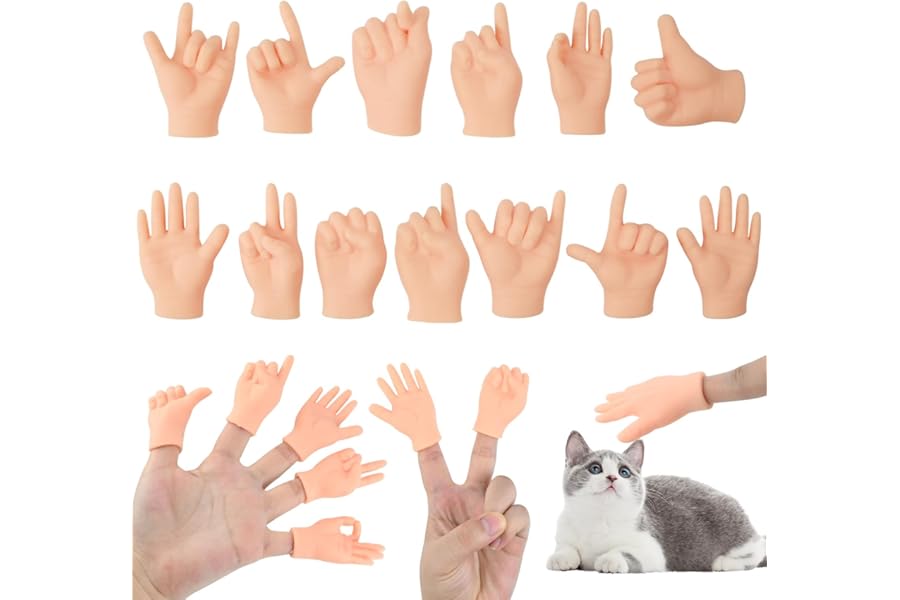 13Pcs Tiny Finger Puppets, Funny Little Props, Rubber Mini Hands Joke Toy, Human-Pet Interaction Props, Rock-Paper-Scissors Miniature Prank Toy for Cats Pets Playtime