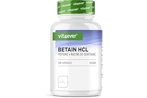 VIT4EVER Betaine HCL - 240 gélules avec 695 mg - Premium : Avec pepsine & gentiane amère - Enzymes digestives à spectre complet - Haute dose