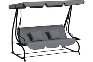 Outsunny Balancelle de Jardin 3 Places Convertible Toit Inclinaison réglable 2 tablettes Support 2L x 1,2l x 1,64H m métal époxy Noir Polyester Gris foncé