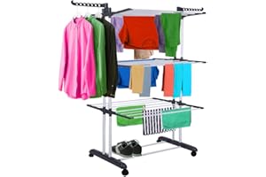 CORIBI- Etendoir Linge, 4 Niveaux Grande Sechoir a Linge Pliable avec Roues, Acier Inoxydable,Seche Linge Etendoir pour Intérieur et Extérieur, Couleur Gris