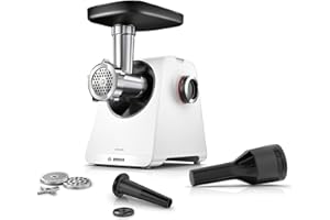 ‎BOSCH Bosch Fleischwolf Serie 4 MFWS420W, kompakt, 2 Stufen, 2 Lochscheiben (3 & 8mm), Wurststopfer, 10 J Motorgarantie, Planetengetriebe, 1.900 W, weiß/schwarz, Weiss