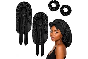 JYYWTSI 2 stycken silkeshuva för att sova, satin hårmössa med 2 Scrunchies svart, lång sovmössa bonnet sleep cap för långt hår skydda lockar flätor dreadlocks dam hårmössa för natten