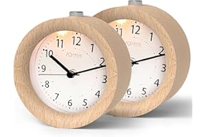 aboveClock Réveil Matin en Bois, Réveil Analogique sans Tic-Tac, Horloge à Aiguilles avec Mode Snooze, Veilleuse, Alimenté par Pile（1*Pile AA requise - Bois Naturel en Bois Clair- 2Packs