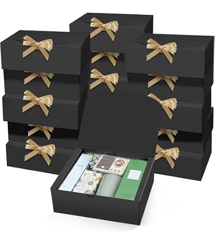 12 Boîtes Cadeaux Carrées 16x16x5 Cm – Carton Noir Avec Ruban, Pliables, Pour Emballage Mariage, Anniversaire, Noël - 5