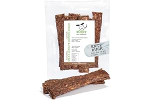 ROQSY Natur-Dörrfleisch 100% Ente – Getreidefrei, Kauartikel, Trockenfleisch, Leckerli für Hunde, Idealer Snack für Welpen, Kaustreifen, Barf-fähig, Jerky – 100g