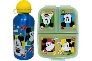 CARTOON Lunch-Set für Kinder, 2-teilig, Disney Micky Maus, Trinkflasche und Brotdose, 3 Fächer, BPA-frei, Aluminiumflasche 560 ml und Lunchbox mit mehreren Fächern
