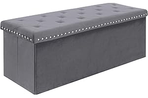 Bonlife Pouf Grigio Velluto Poggiapiedi Contenitore,Grande Sgabello Pieghevole Cassapanca Portagiochi,Sgabello Per Scarpe Corridoio, 110x40x40cm