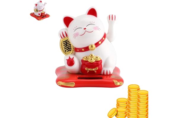 VIFERR Chat Porte Bonheur Bonne Chance Chat Chanceux avec Bras Mobile à l'Energie Solaire, Mini Figurine Chat Maneki Neko Fortune Cat Décoration pour Voiture Maison Bureau (Blanc)