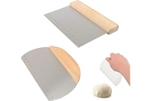 Fyfjur Coupe Pate Boulanger, 2 Pièces Grattoir de Cuisson en Acier Inoxydable Semi-Circulaire et Rectangulaire avec Echelle et Poignée en Bois pour Couper la Pâte, la Pizza, le Nougat