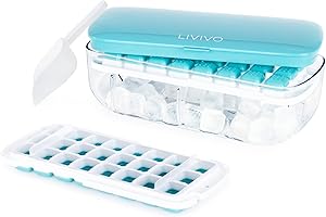 LIVIVO Ice Cube Tray with Lid Dispenser & Storage - Reusable BPA Free Easy Press Release 48 Ice Cube Moulds - 2 Tray with Dispenser, Ice Bucket & Scoop