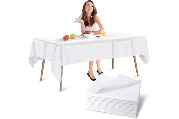Luriseminger 10PCS Nappes Jetables Blanche, 150 x 280cm Nappes Jetables Imperméable en PEVE Rectangulaires Nappe Blanche Couverture de Table de fête pour Pique-Nique Barbecue, Mariages, Banquet
