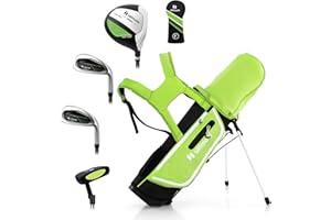GYMAX Juego De Palos De Golf, para Niños Diestros De 5 A 7 Años, Incluye Fairway De Madera N.° 3 con Cubierta para La Cabeza, Hierros N.° 7 Y N.° S, Putter Y Bolsa con Capucha
