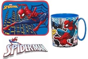 ILS I LOVE SHOPPING Set Merenda Colazione 2 Pezzi con Tovaglietta Ripiegabile Morbida Sottopiatto Pieghevole e Tazza Bicchiere 350ml per Microonde (SPIDERMAN)