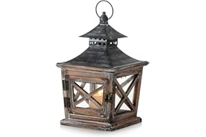 Nuptio Lanterna di Natale in Legno per Candele: Lanterne per Candele Invecchiate Portacandele per Interni, Metallo e Vetro per Halloween Soggiorno Camino Centrotavola Ornamenti, Altezza 27cm