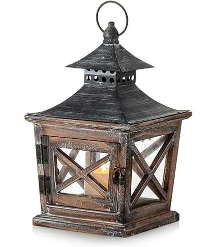 Lanterna Portacandele Vintage In Metallo E Legno - 28cm, Per Interni/Esterni, Stile Rustico